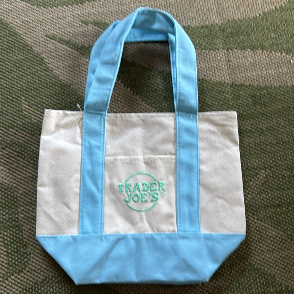Trader Joe's Blue and Cream Mini Pastel Canvas Tote Bag Limited Edition NWOT